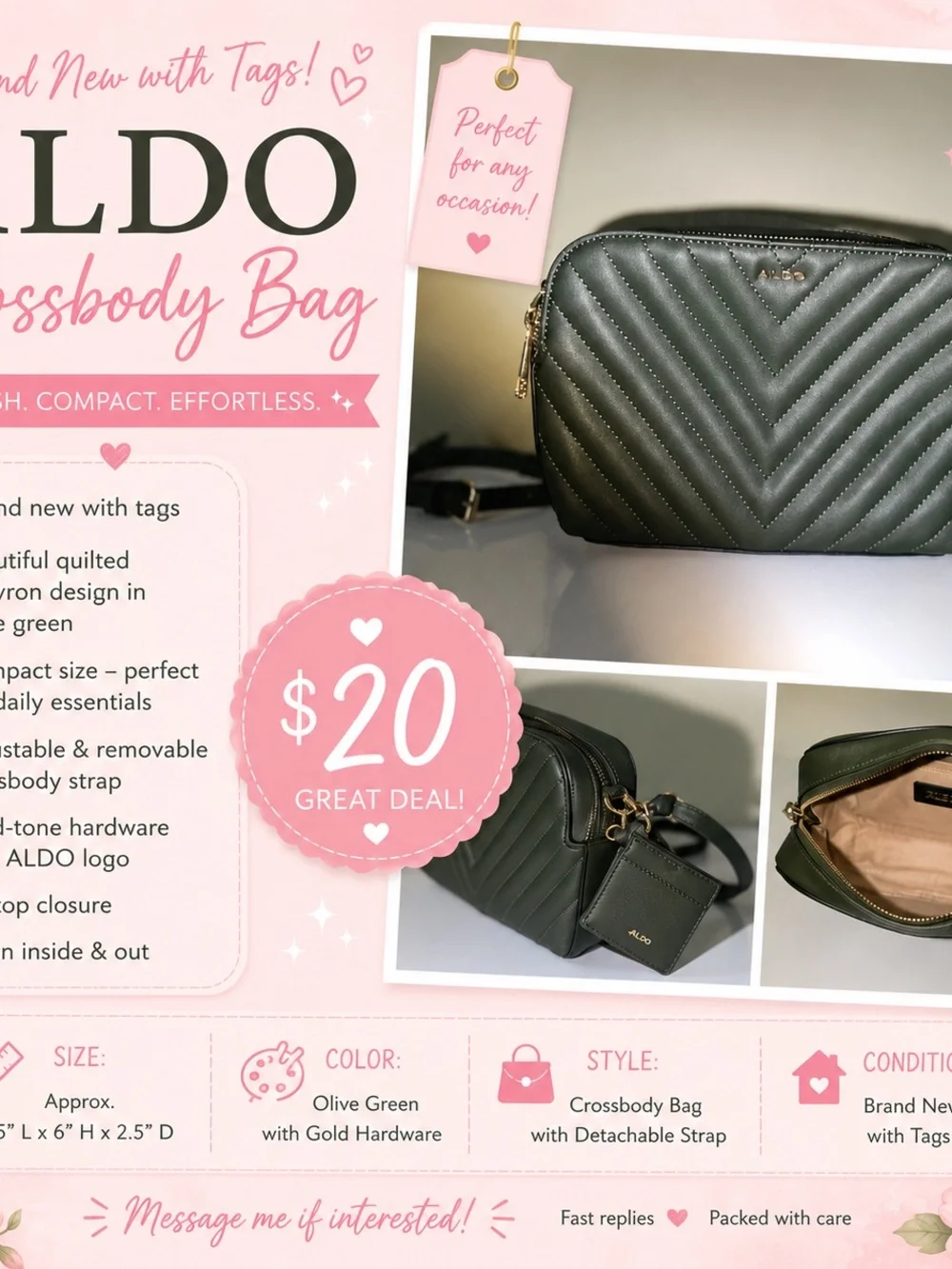 ALDO Olive Green Quilted Crossbody with Gold Hardware